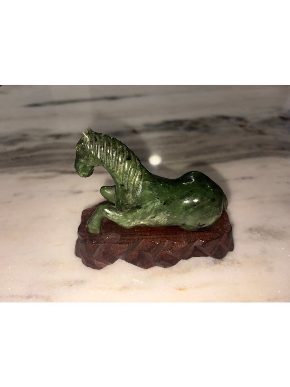 Vintage Chinese Carved Green Stone Resting Horse Figurine Custom Wood Base